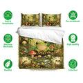 Frog bedding set shown with matching pillowcases, forest artwork, mushrooms, flowers, and green woodland details