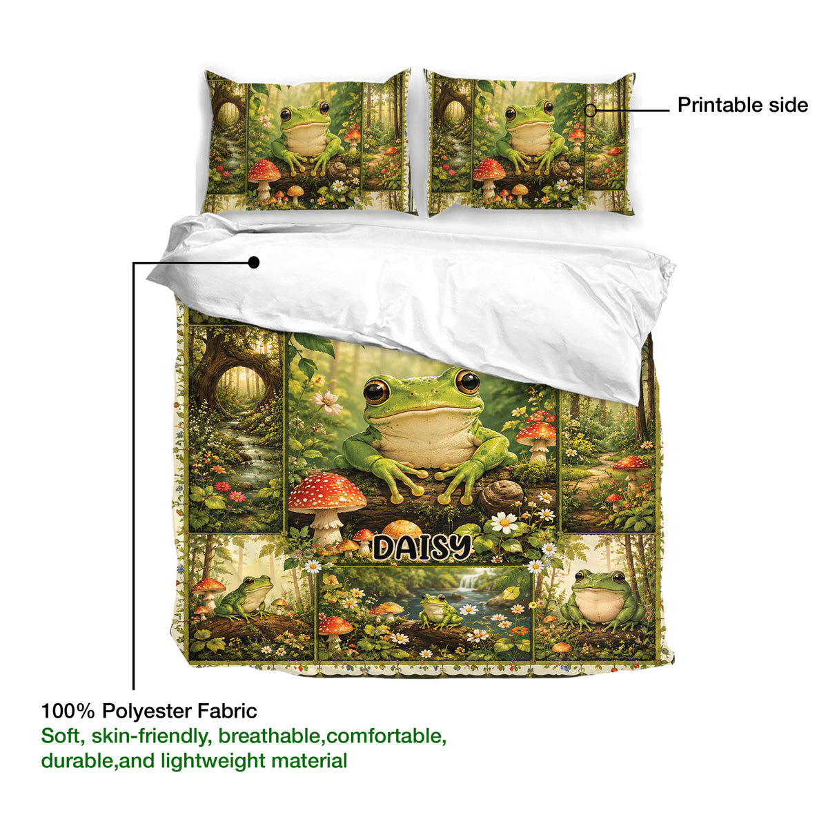 Frog duvet cover bedding set showing the printed side with a detailed woodland scene and multiple frogs