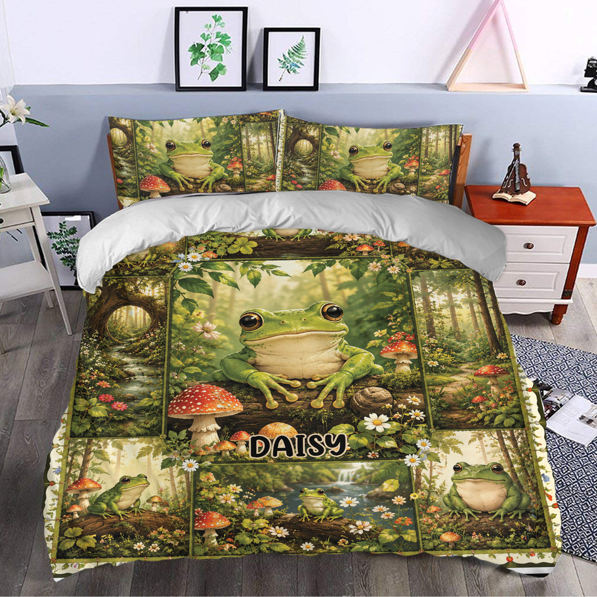 Frog duvet cover styled in a bedroom with forest scenery, mushrooms, flowers, and matching pillowcases