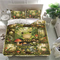 Green frog bedding set presented in a bright bedroom with woodland artwork, flowers, mushrooms, and forest scenery