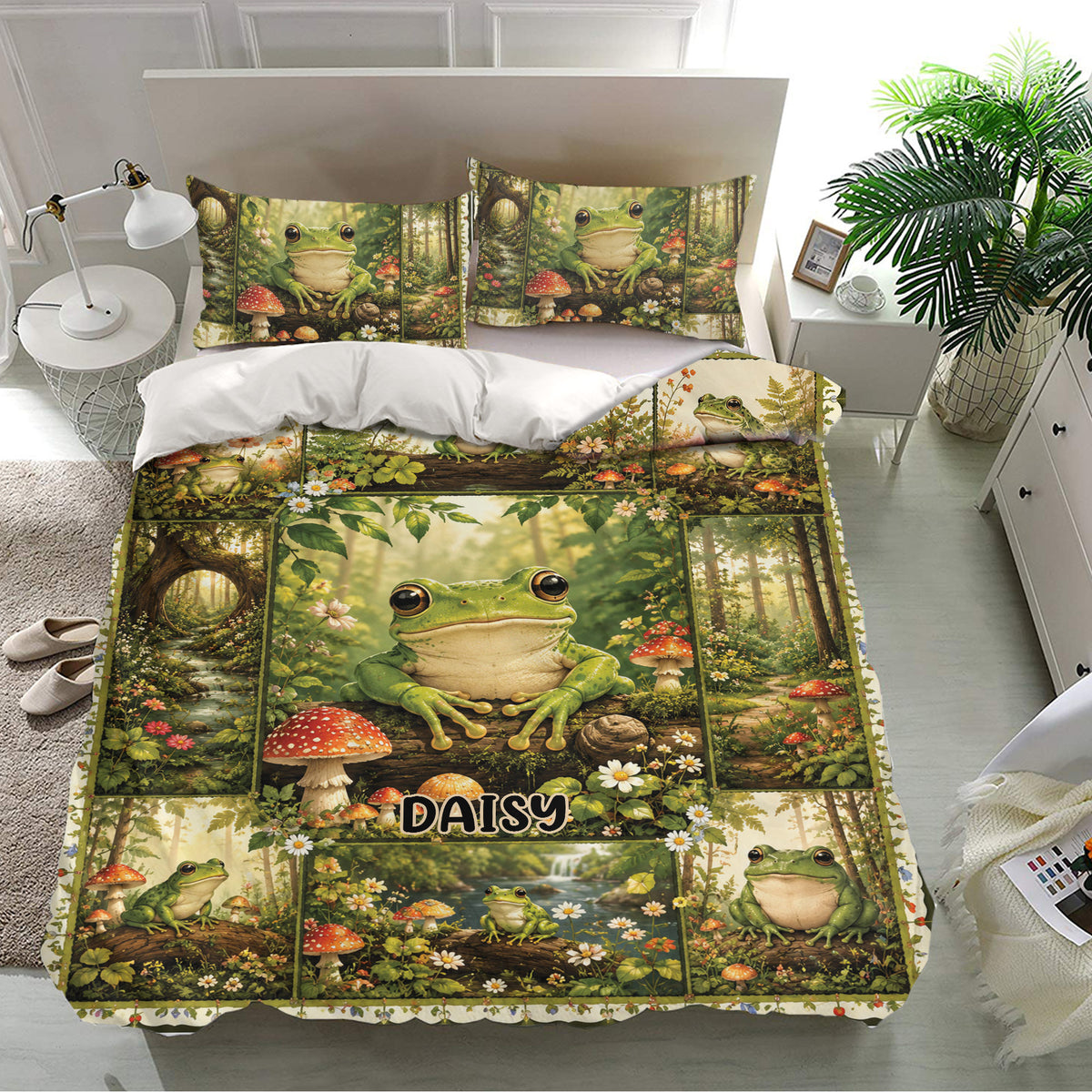 Green frog bedding set presented in a bright bedroom with woodland artwork, flowers, mushrooms, and forest scenery