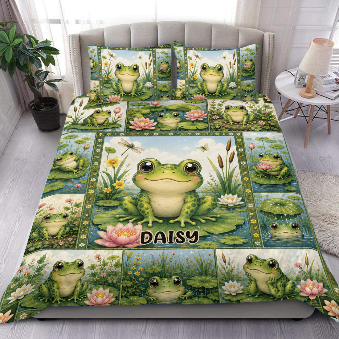 Frog duvet cover bedding set displayed on a bed with lily pads, lotus flowers, and pond scenes