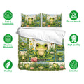 Frog bedding set shown with matching pillowcases and colorful pond artwork in green and blue tones