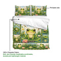 Frog duvet cover with pond artwork, lotus blooms, lily pads, and matching pillowcases