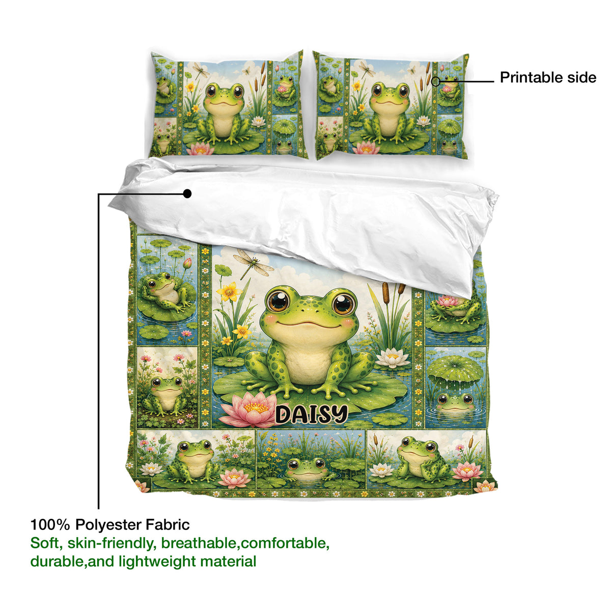 Frog duvet cover with pond artwork, lotus blooms, lily pads, and matching pillowcases