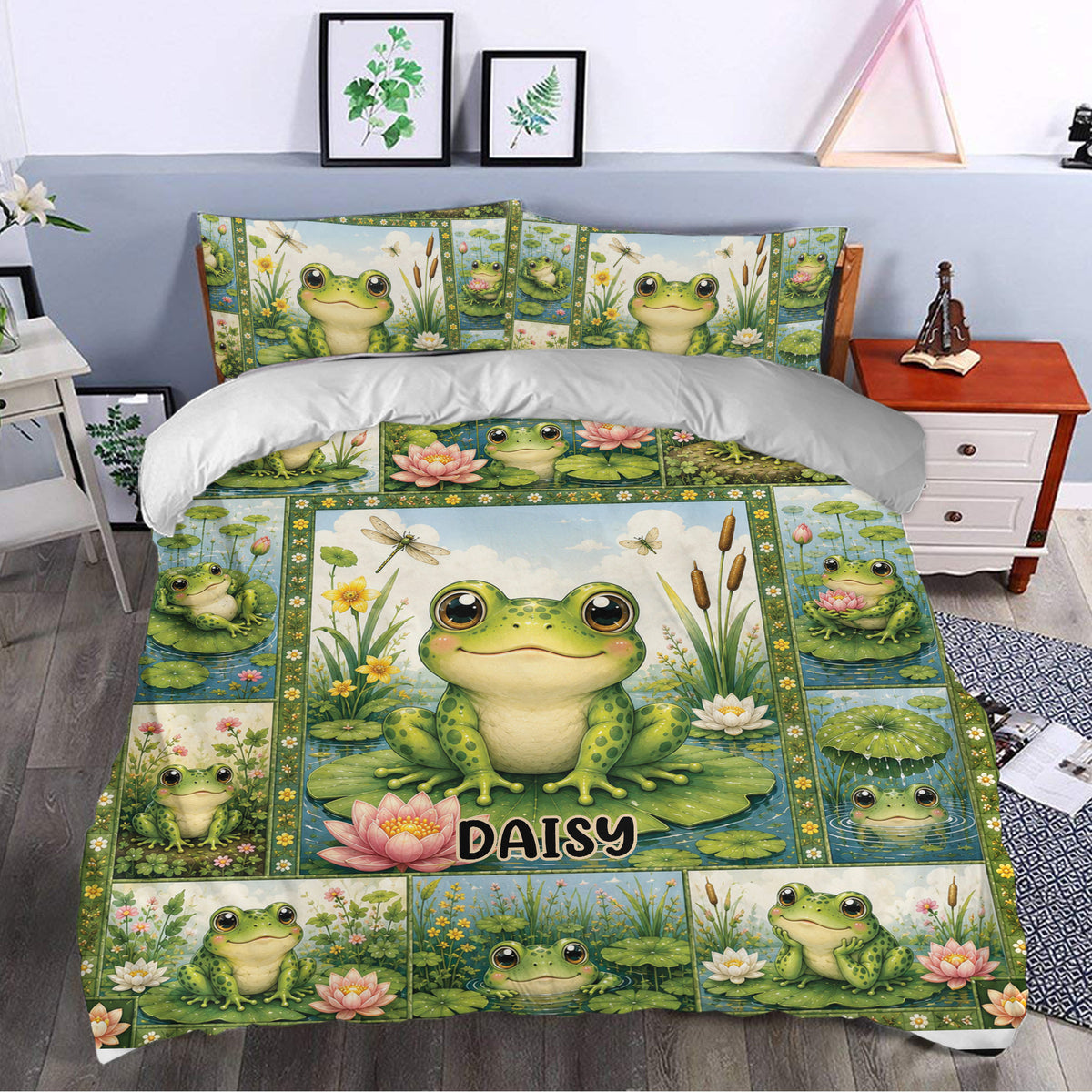 Frog duvet cover bedding set styled in a bedroom with cheerful pond-themed artwork