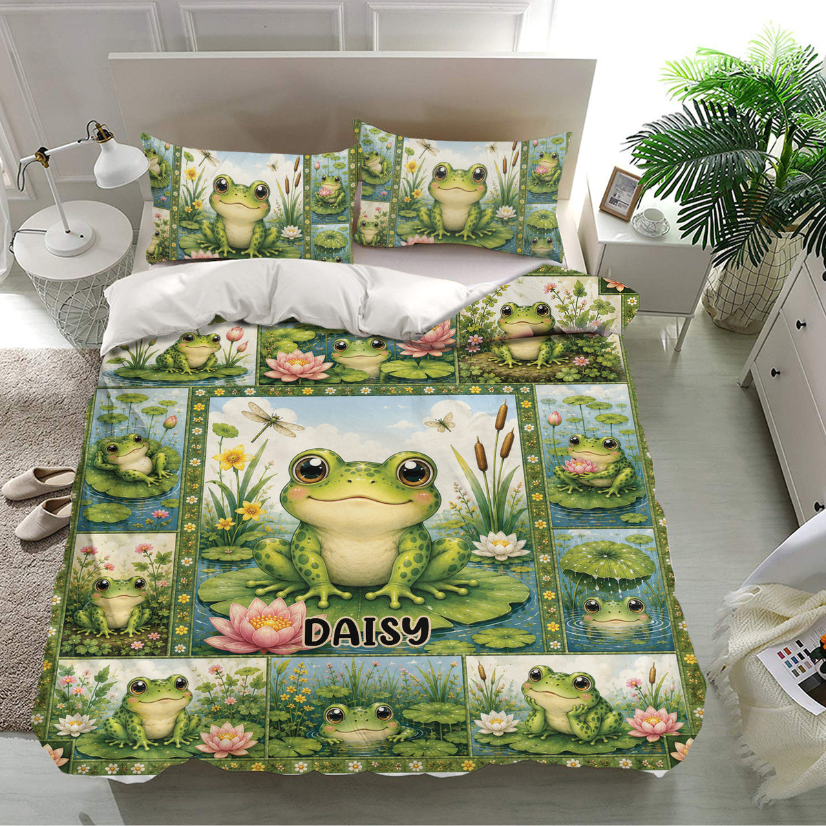 Nature-inspired frog bedding set displayed in a bright bedroom with matching pillowcases