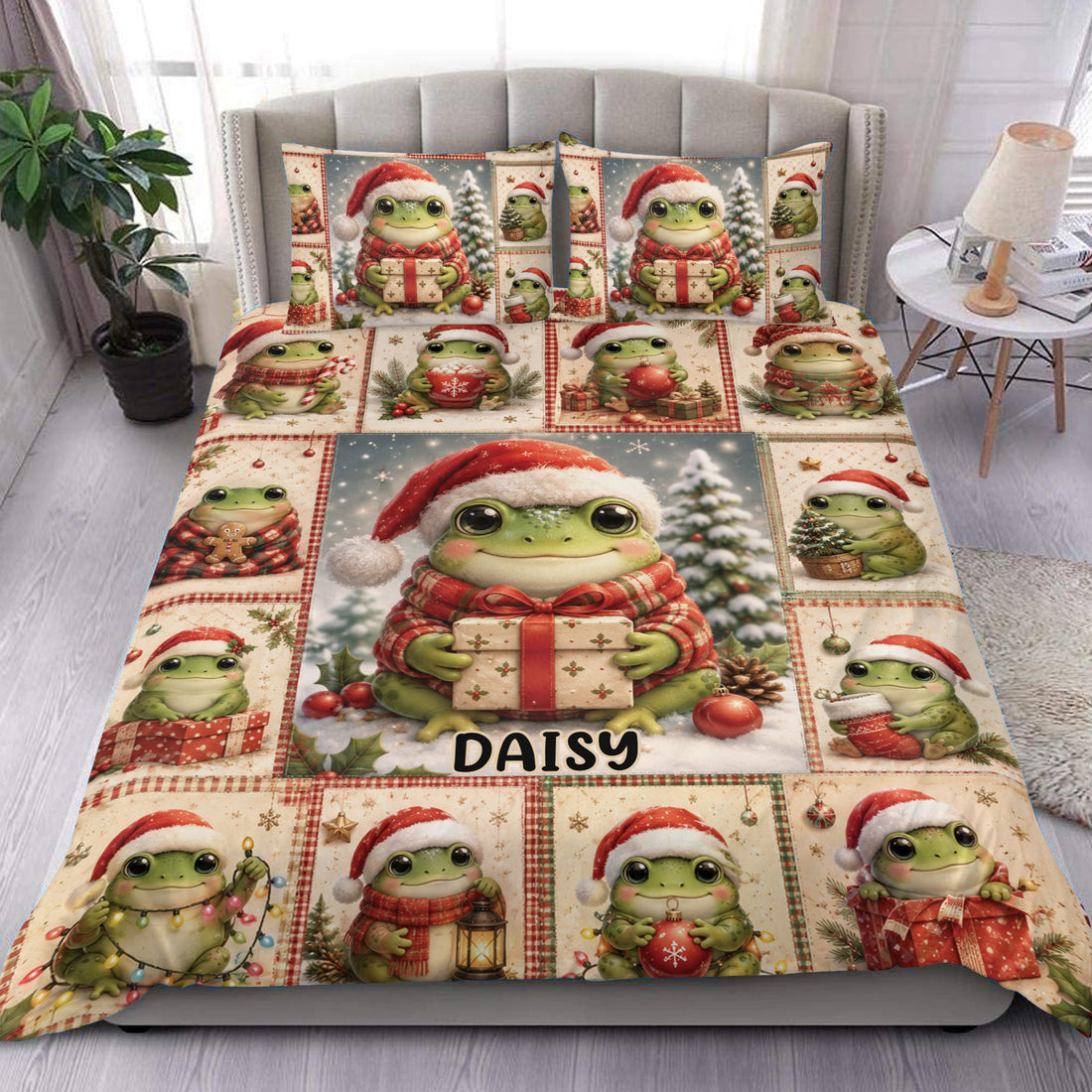 Frog duvet cover set displayed on a bed with festive Santa hats, gifts, ornaments, and Christmas colors