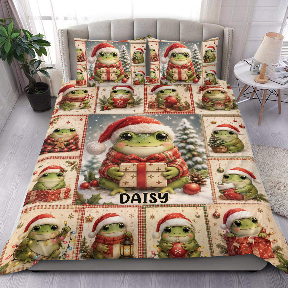 Frog duvet cover set displayed on a bed with festive Santa hats, gifts, ornaments, and Christmas colors