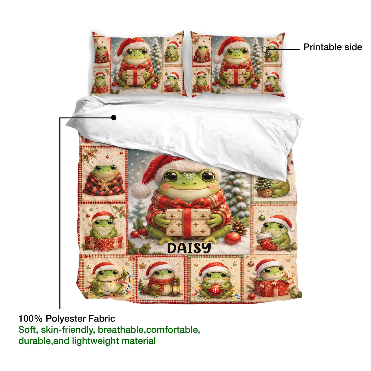 Frog duvet cover set presentation showing the printed side, fabric view, and festive Christmas artwork