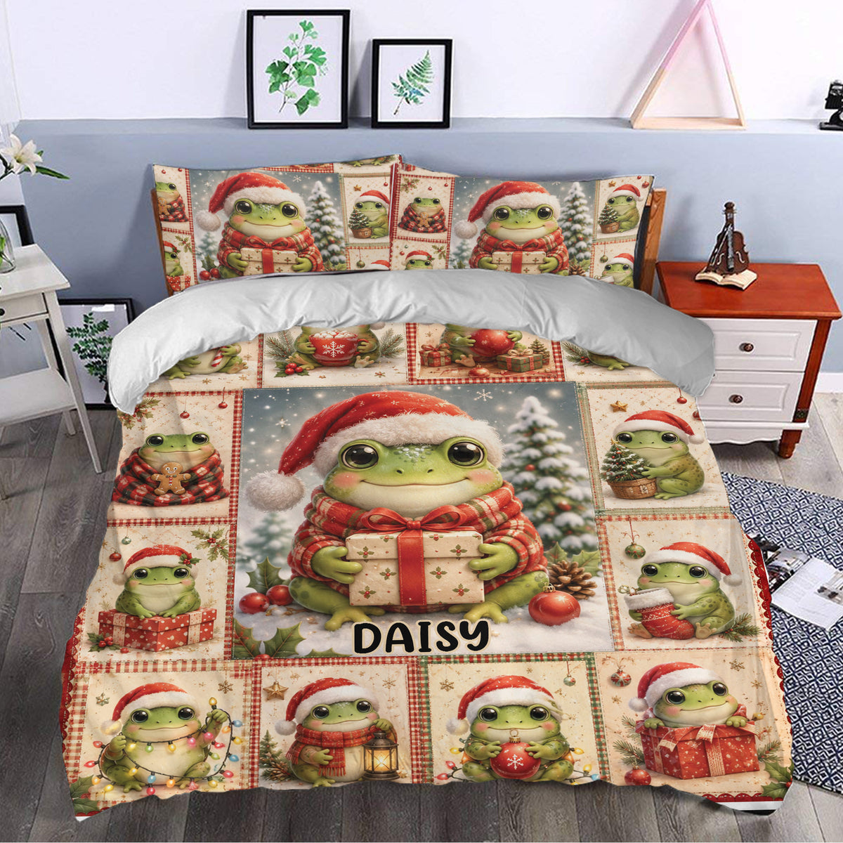 Festive frog duvet cover set styled in a bedroom with Santa hats, presents, ornaments, and Christmas greenery