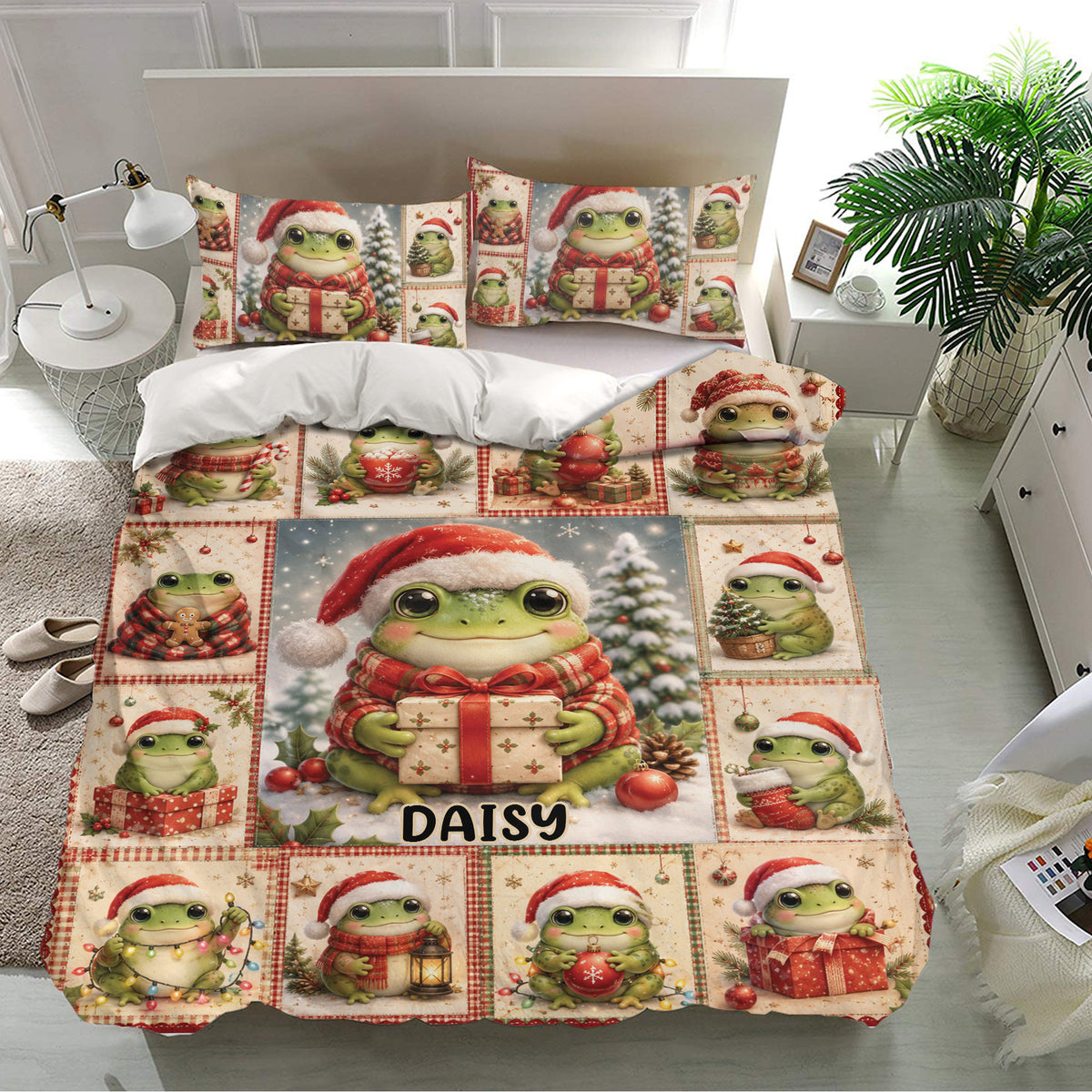 Christmas frog bedding set displayed in a bright bedroom with matching pillowcases and colorful seasonal artwork