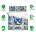 Blue butterfly bedding set with botanical flowers shown on a neatly arranged bed