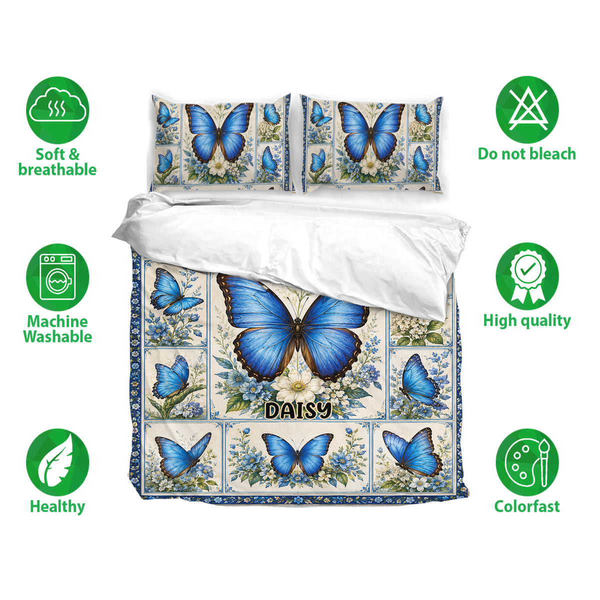 Blue butterfly bedding set with botanical flowers shown on a neatly arranged bed