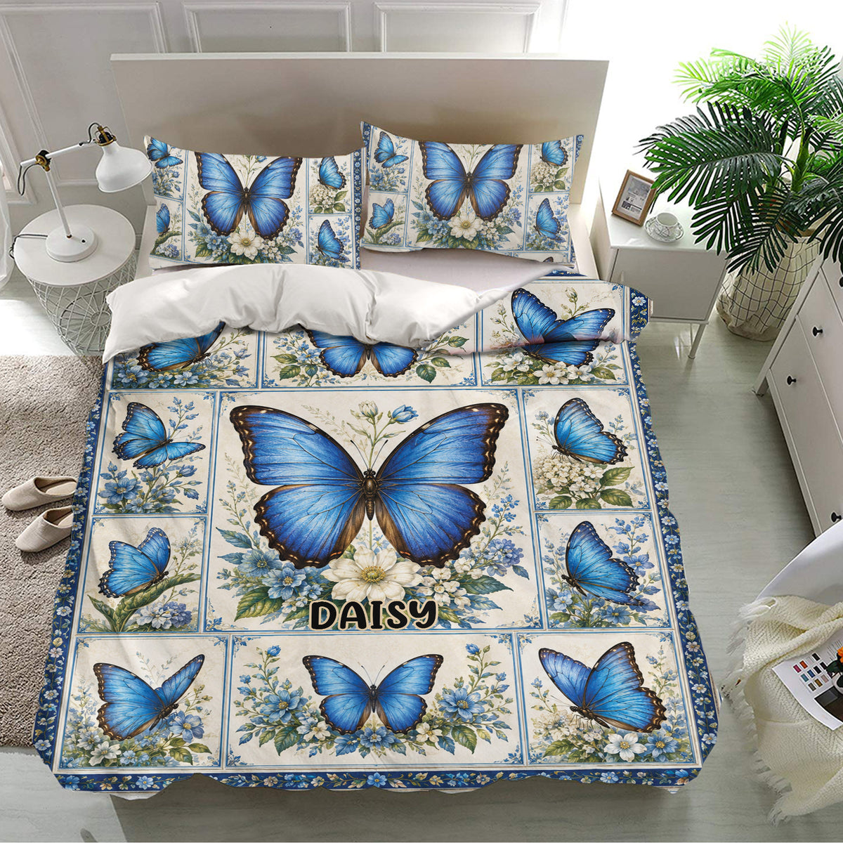 Elegant blue butterfly bedding set with floral artwork presented in a modern bedroom
