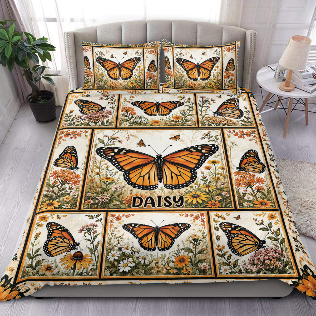 Butterfly duvet cover set displayed on a bed with orange monarch butterflies and colorful wildflowers