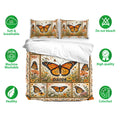 Butterfly bedding set with orange floral artwork, matching pillowcases, and soft breathable fabric icons