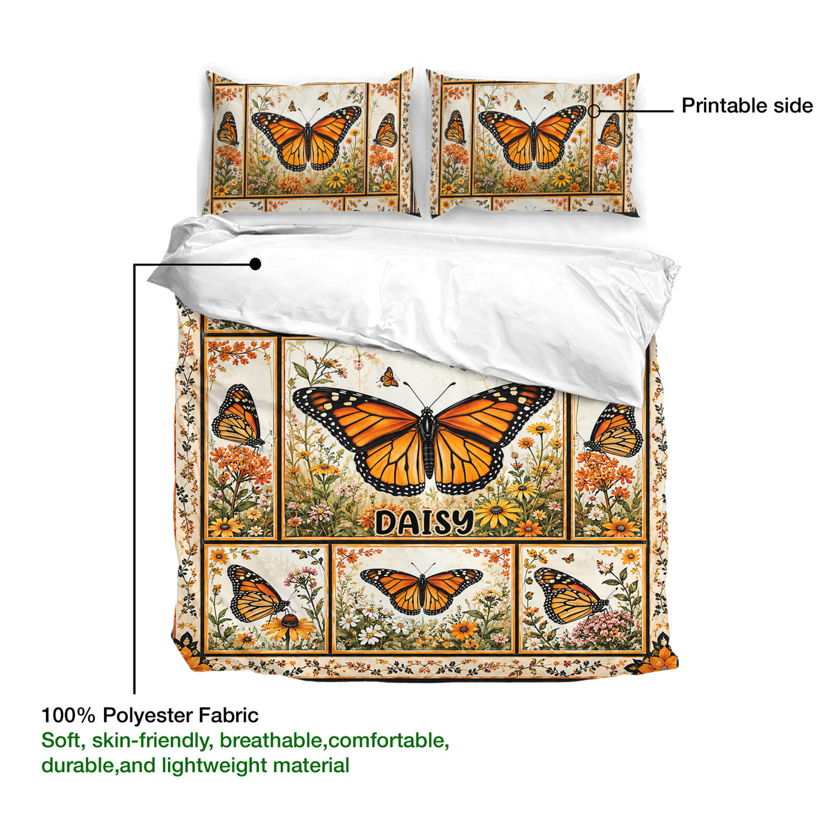 Butterfly duvet cover bedding set showing floral artwork, printable surface, and lightweight polyester fabric