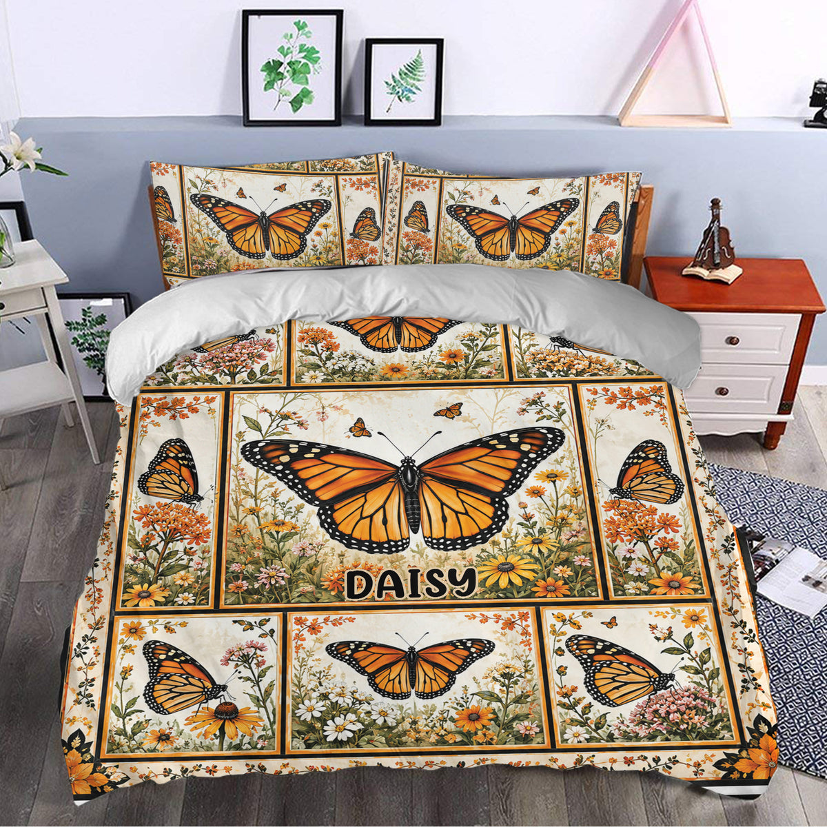 Butterfly duvet cover styled in a bedroom with orange monarch butterflies, wildflowers, and vintage panels