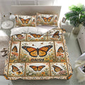 Orange butterfly bedding set with floral panels and matching pillowcases in a bright botanical bedroom