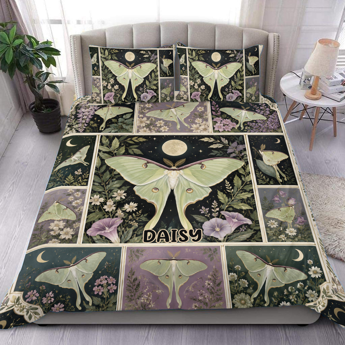 Butterfly duvet cover set with botanical panels, moon details, flowers, and pale green moths on a dark background