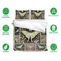 Butterfly bedding set displayed on a bed with floral artwork, moon motifs, and soft breathable fabric icons