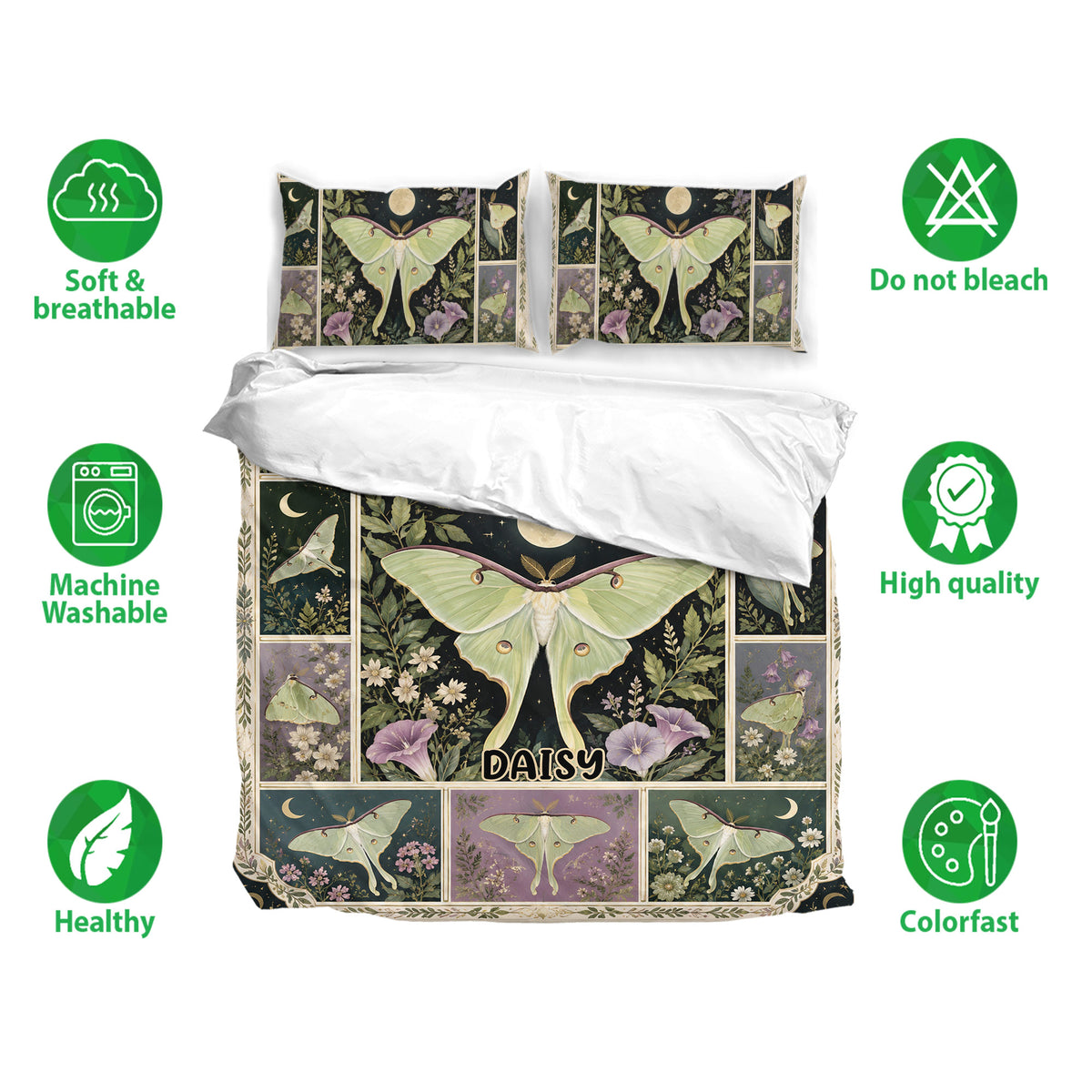 Butterfly bedding set displayed on a bed with floral artwork, moon motifs, and soft breathable fabric icons