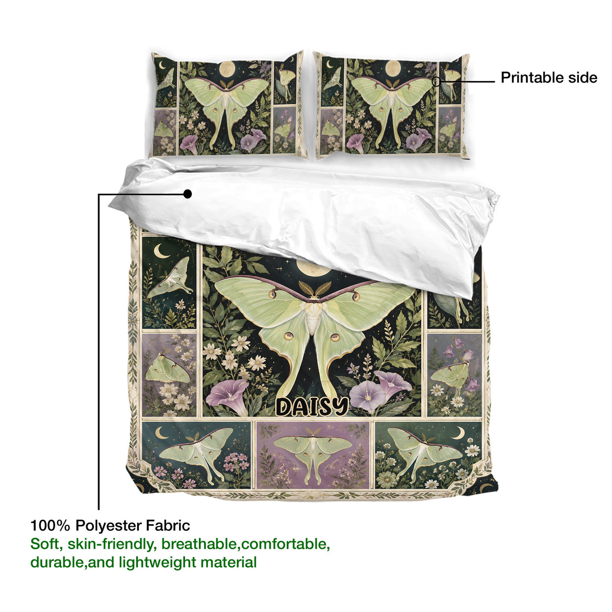 Butterfly duvet cover bedding set showing the printed side, floral border, and pale green moth artwork