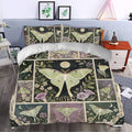 Botanical butterfly duvet cover styled in a bedroom with moonlit floral panels and decorative pale green moths