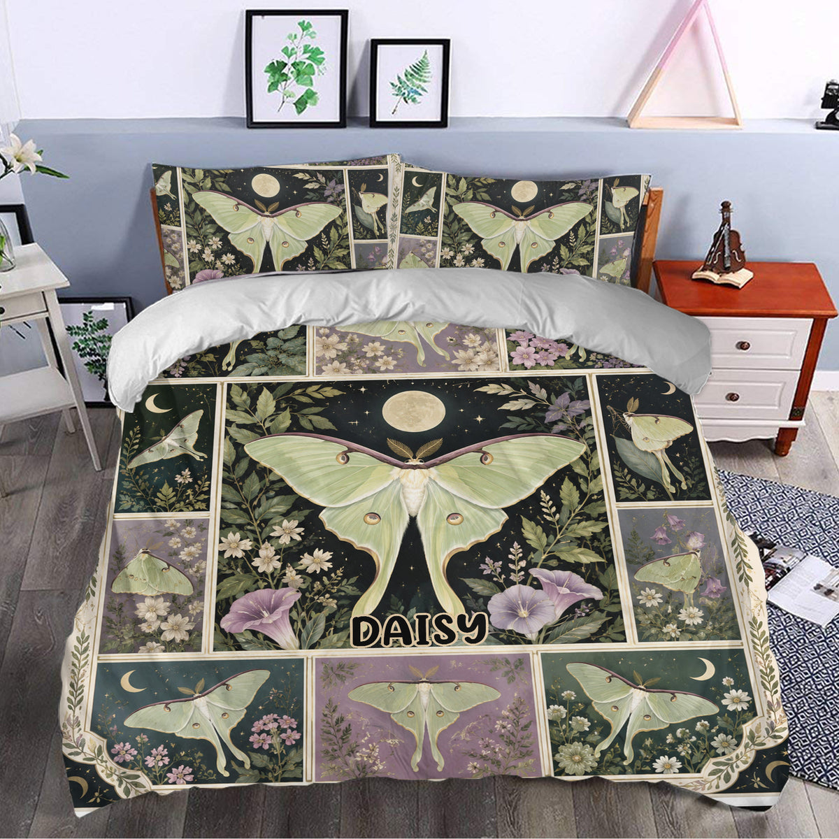 Botanical butterfly duvet cover styled in a bedroom with moonlit floral panels and decorative pale green moths