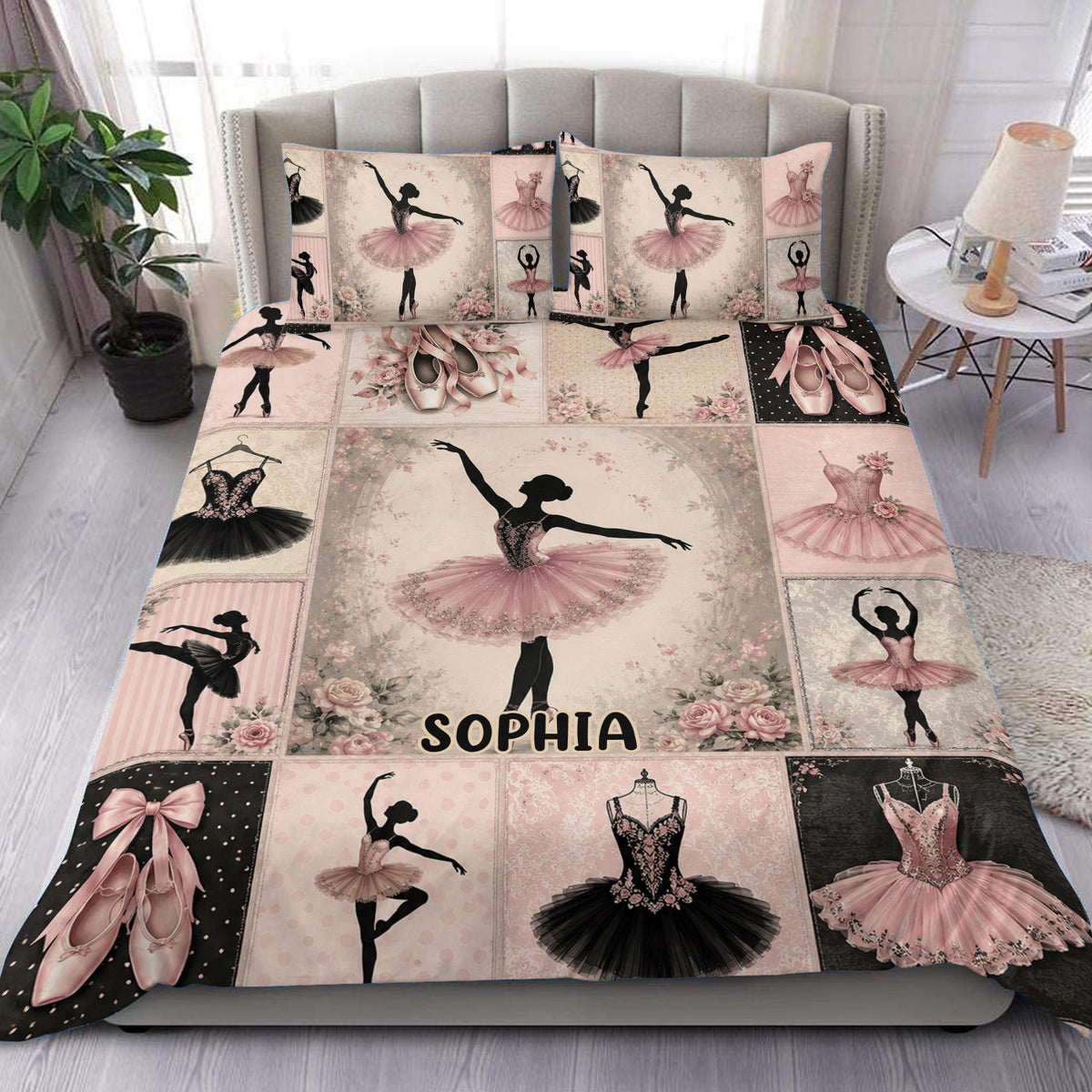 Ballet duvet cover set displayed on a bed with pink tutus, pointe shoes, dancers, and floral panels
