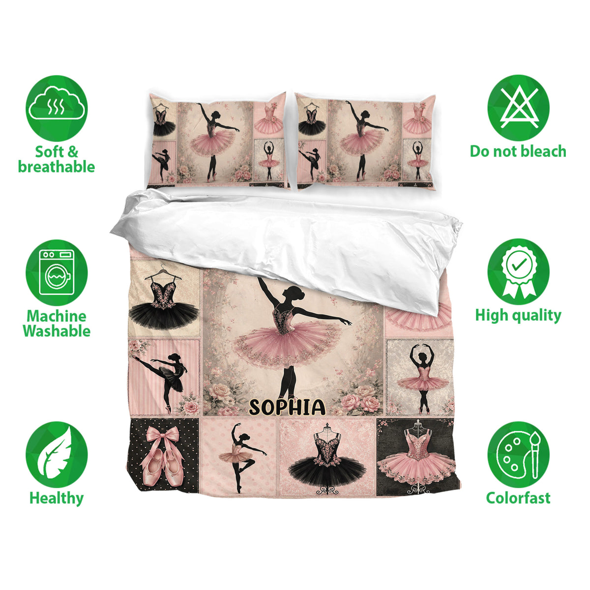 Ballet duvet cover bedding set shown with matching pillowcases and soft pink dance artwork