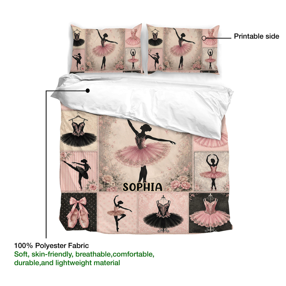 Ballet bedding set detail showing printable fabric, dancer panels, pointe shoes, and floral accents