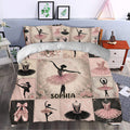 Ballet duvet cover styled in a bedroom with pink ballerinas, roses, tutus, and pointe shoes