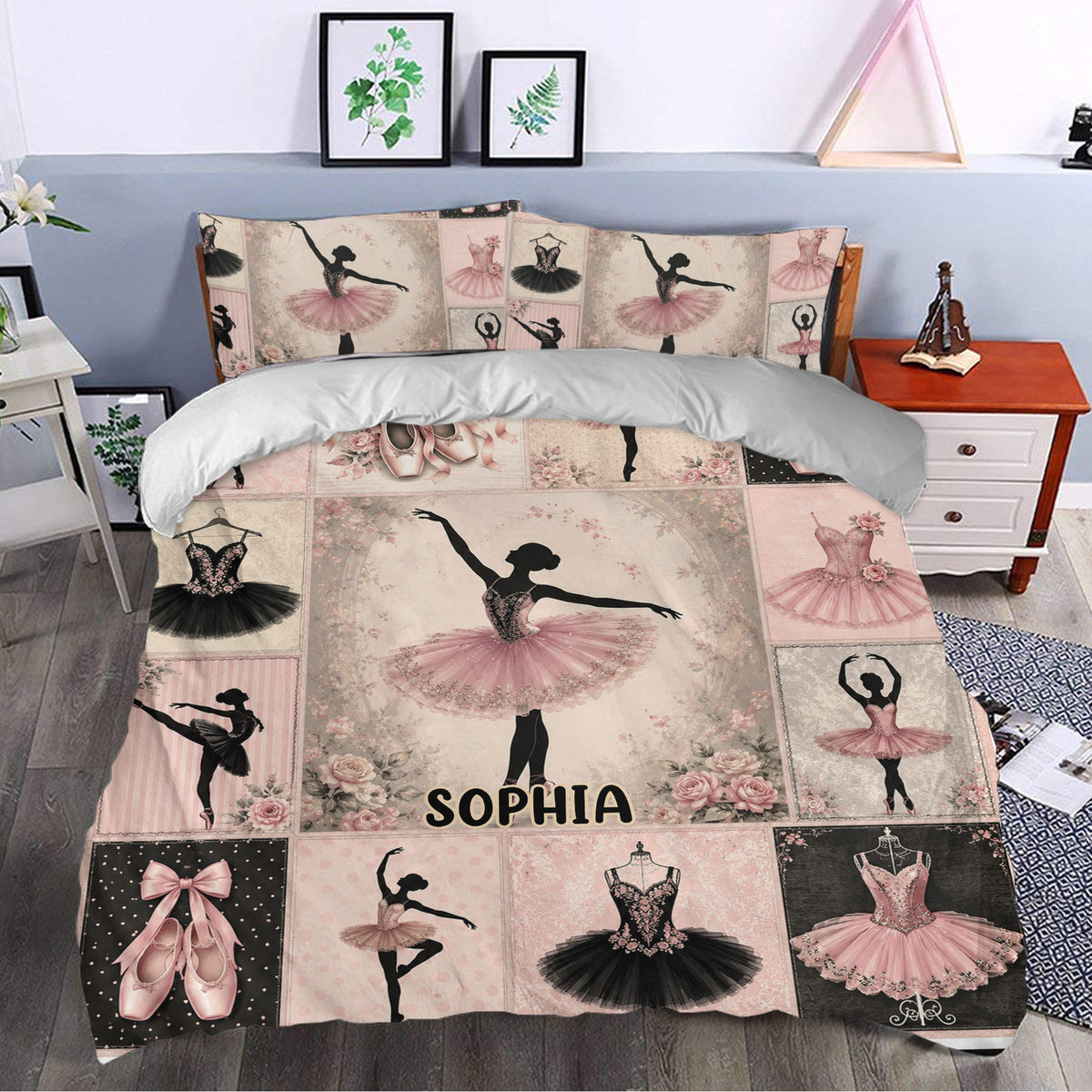 Ballet duvet cover styled in a bedroom with pink ballerinas, roses, tutus, and pointe shoes