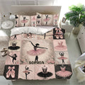 Ballet bedroom decor featuring a pink and black duvet cover with dancers, costumes, and ballet shoes