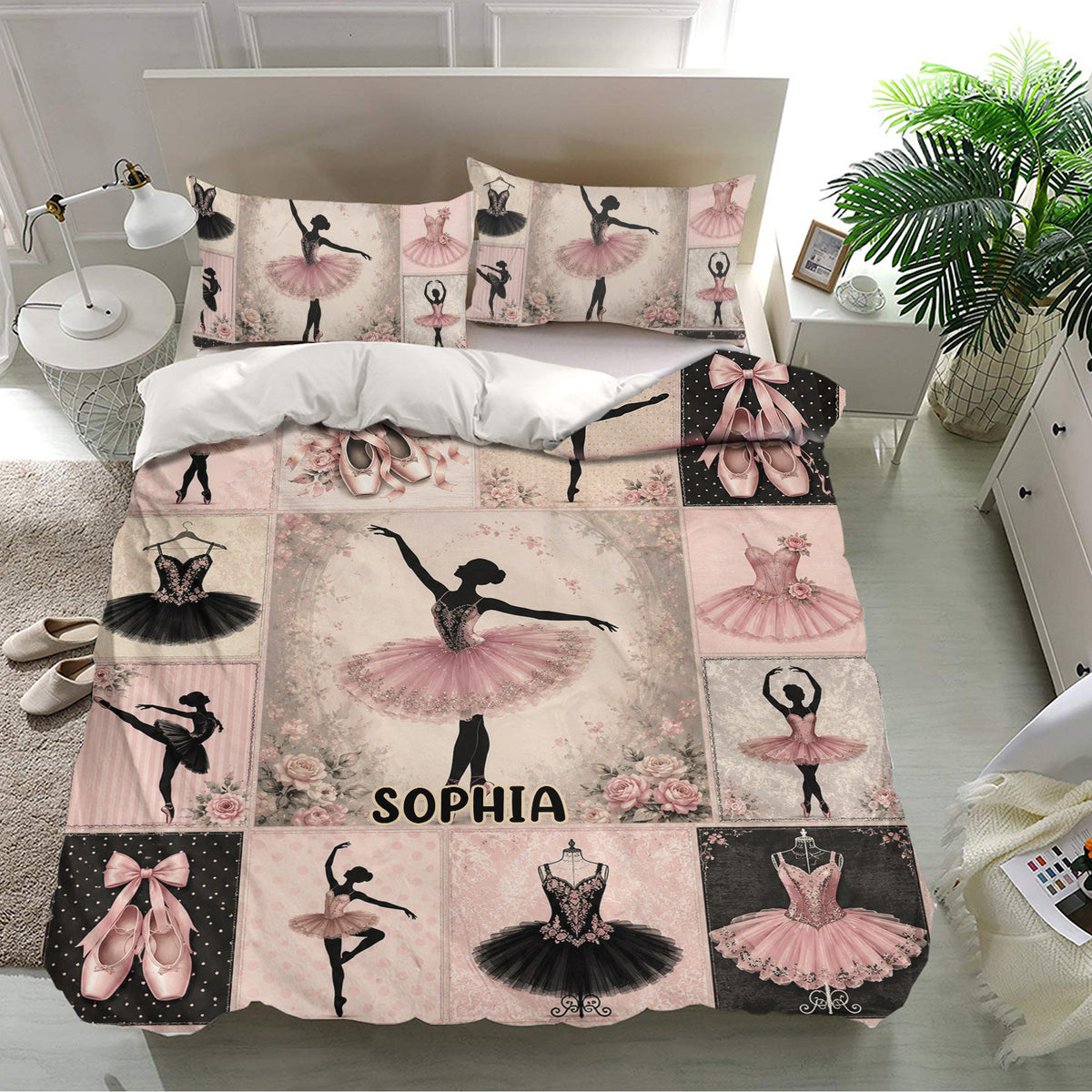 Ballet bedroom decor featuring a pink and black duvet cover with dancers, costumes, and ballet shoes