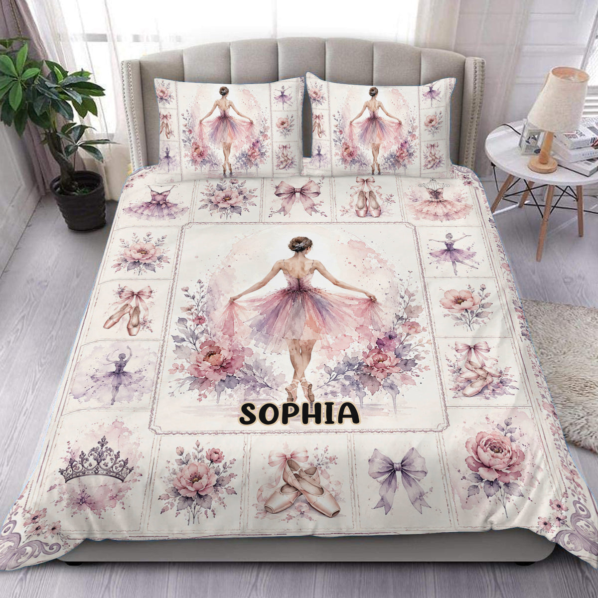 Ballet duvet cover set displayed on a bed with watercolor ballerinas, flowers, pointe shoes, and pastel artwork