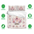 Ballet bedding set presentation with floral ballerina artwork, matching pillowcases, and soft pastel colors