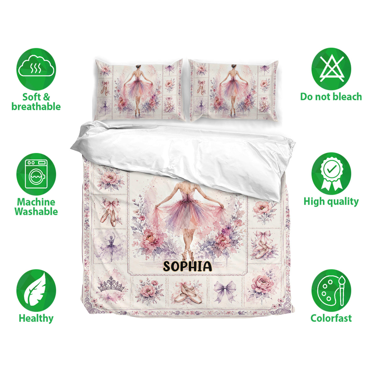 Ballet bedding set presentation with floral ballerina artwork, matching pillowcases, and soft pastel colors