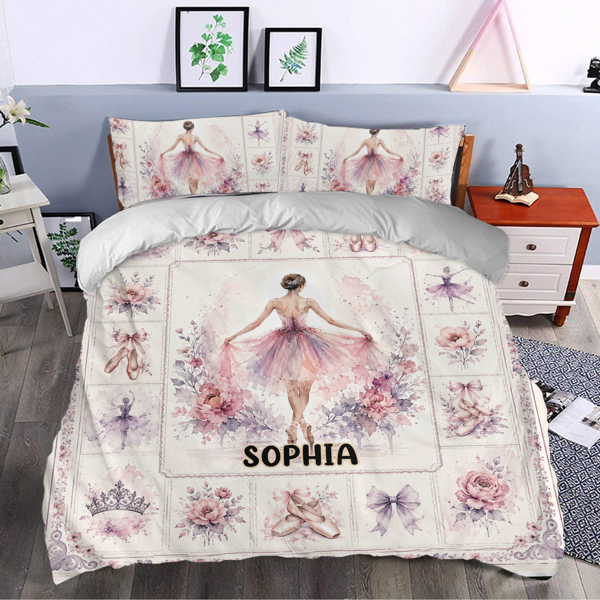 Ballet bedroom decor with a floral ballerina duvet cover set styled in an elegant bedroom