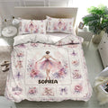 Pastel ballet duvet cover set with ballerinas, tutus, pointe shoes, bows, and floral panels