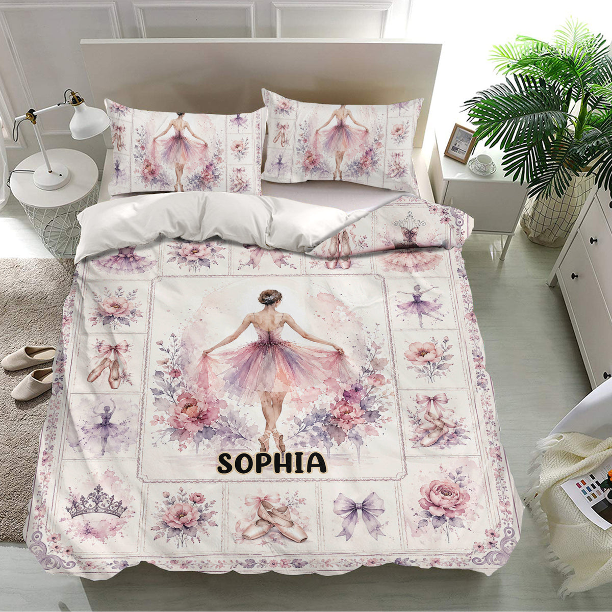 Pastel ballet duvet cover set with ballerinas, tutus, pointe shoes, bows, and floral panels