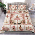 Pink ballet duvet cover bedding set displayed on a bed with ballerinas, pointe shoes, flowers, and elegant decor