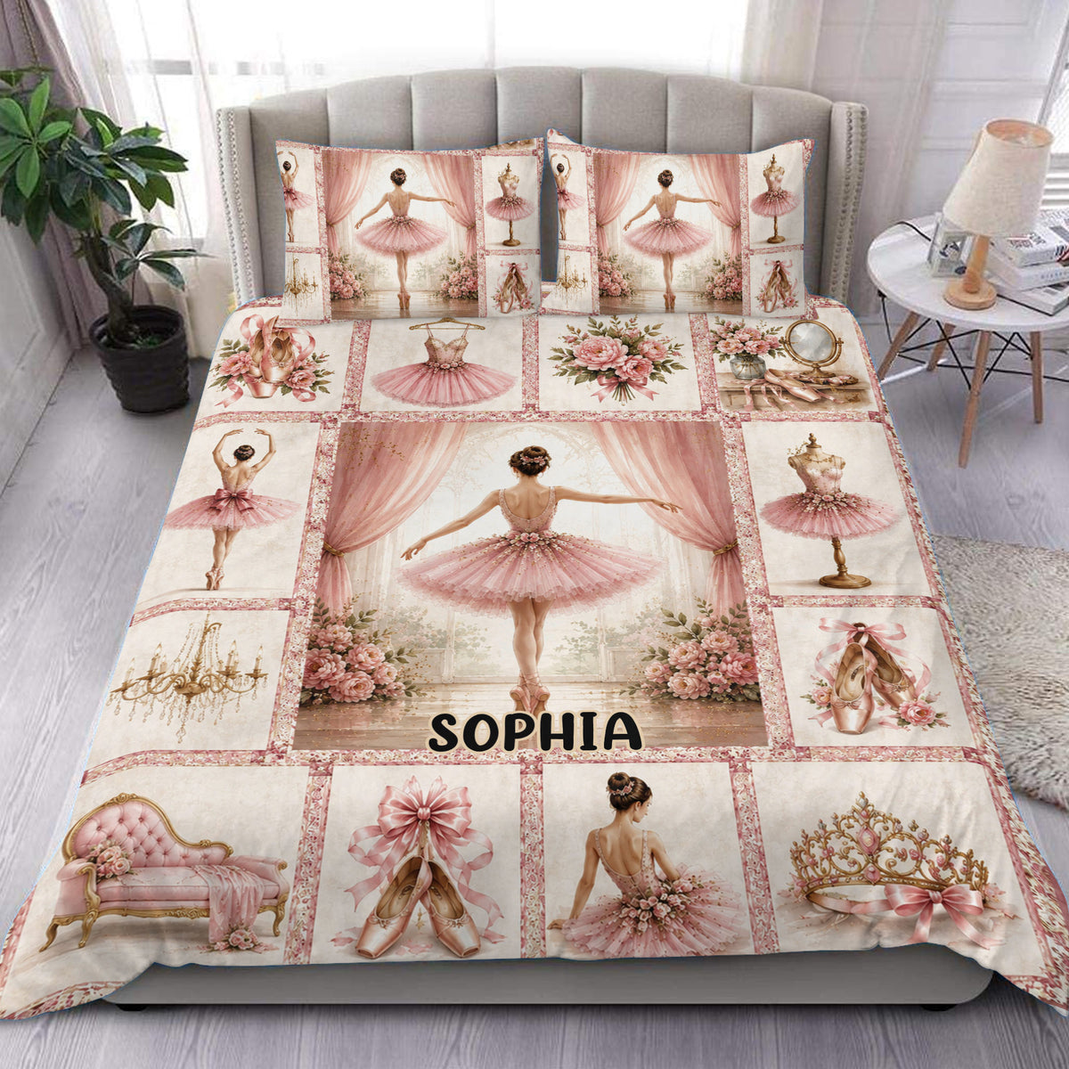 Pink ballet duvet cover bedding set displayed on a bed with ballerinas, pointe shoes, flowers, and elegant decor