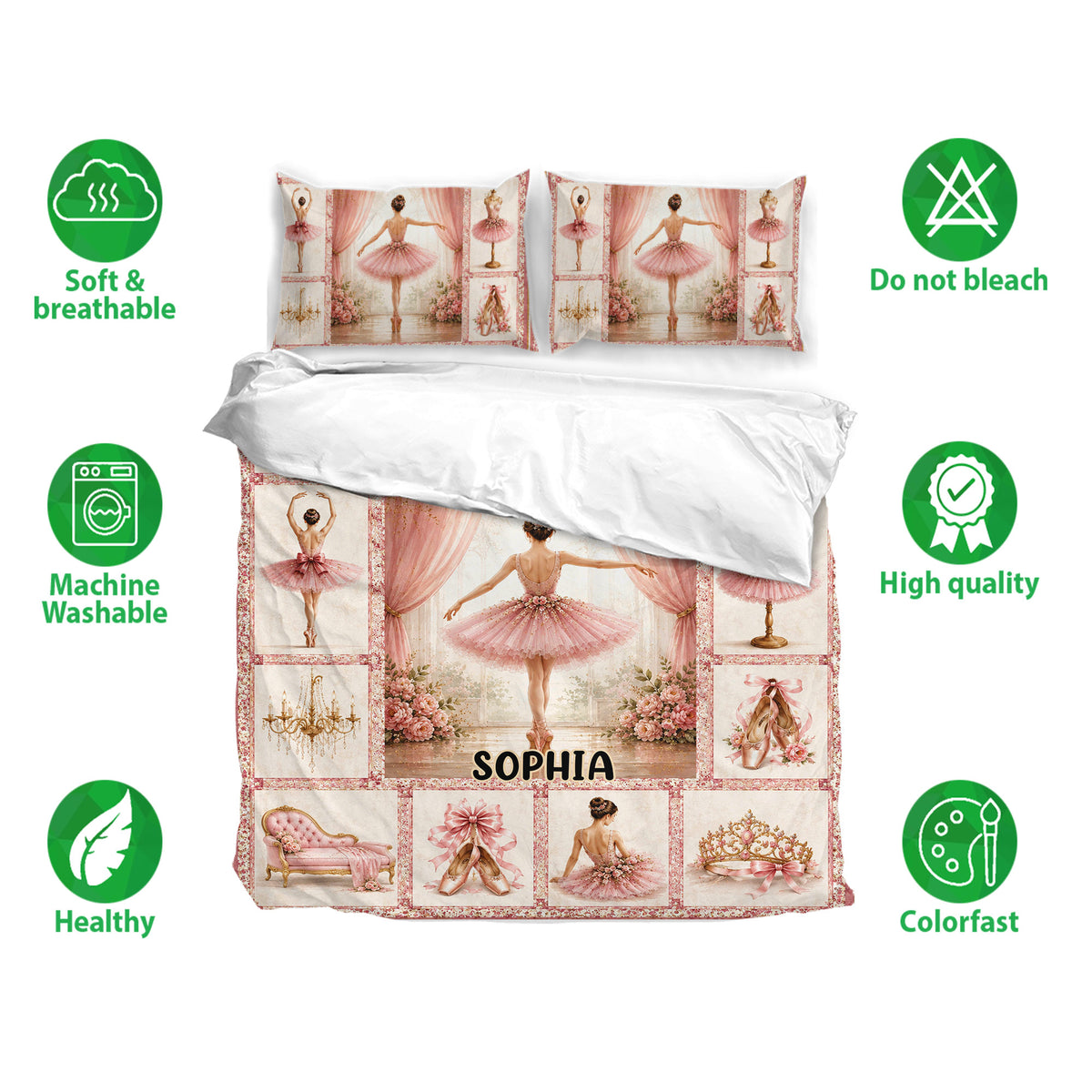 Ballet duvet cover bedding set shown with pink ballerina artwork, matching pillows, and soft breathable fabric icons