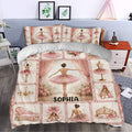Pink ballet duvet cover bedding set styled in a bedroom with ballerinas, floral accents, and theatrical decor