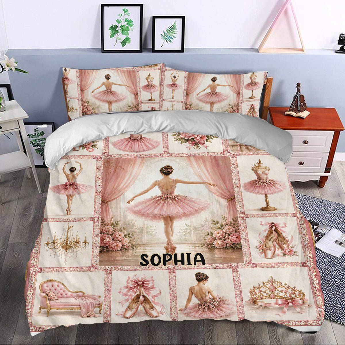 Pink ballet duvet cover bedding set styled in a bedroom with ballerinas, floral accents, and theatrical decor
