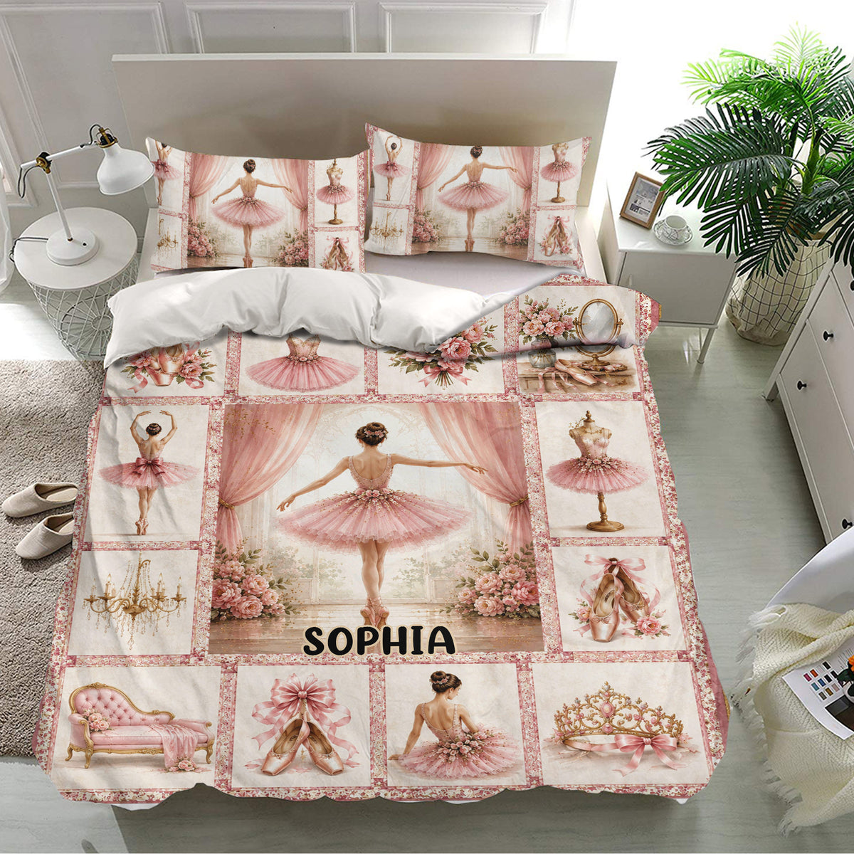 Ballet bedroom decor featuring a pink ballerina duvet cover, matching pillowcases, pointe shoes, and floral artwork