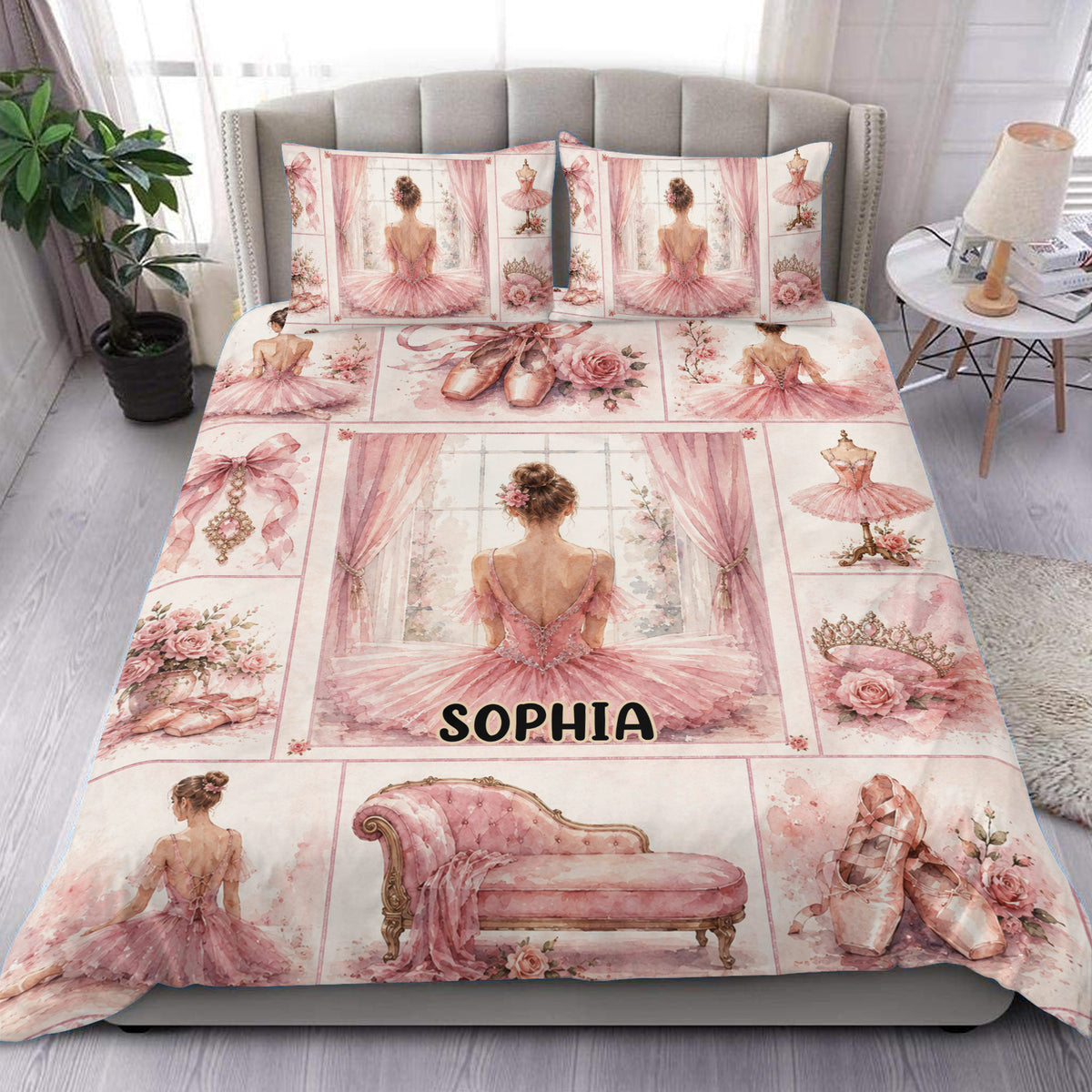 Pink ballet duvet cover set displayed on a bed with ballerinas, pointe shoes, roses, crowns, and elegant vintage decor